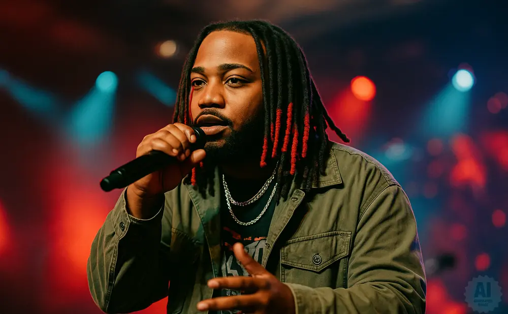 A man with dreadlocks and red accents raps into a microphone on a stage with colorful lights.