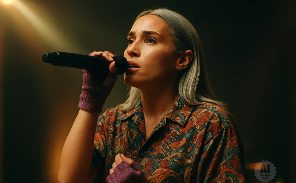 A woman with gray hair sings into a microphone, wearing a colorful shirt and purple fingerless gloves.