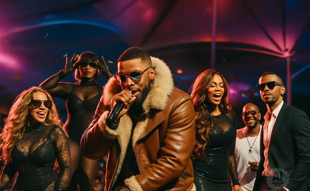 A group of Black performers on stage. The lead male singer in a brown jacket holds a microphone.