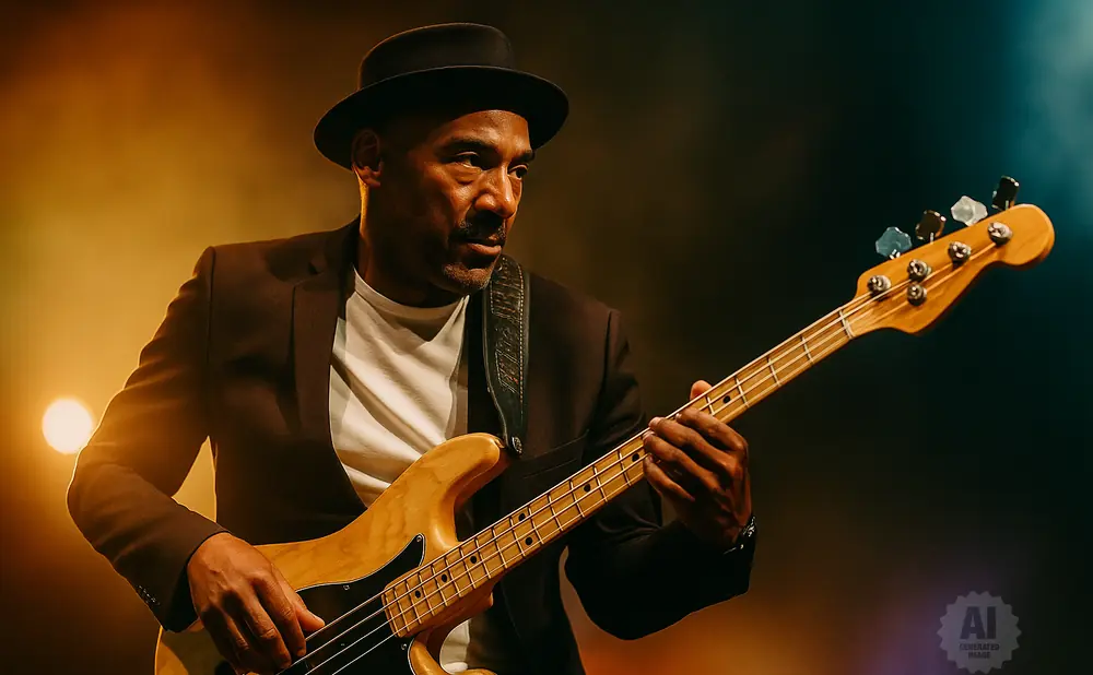 Man in a hat and suit plays a bass guitar on a dimly lit stage.