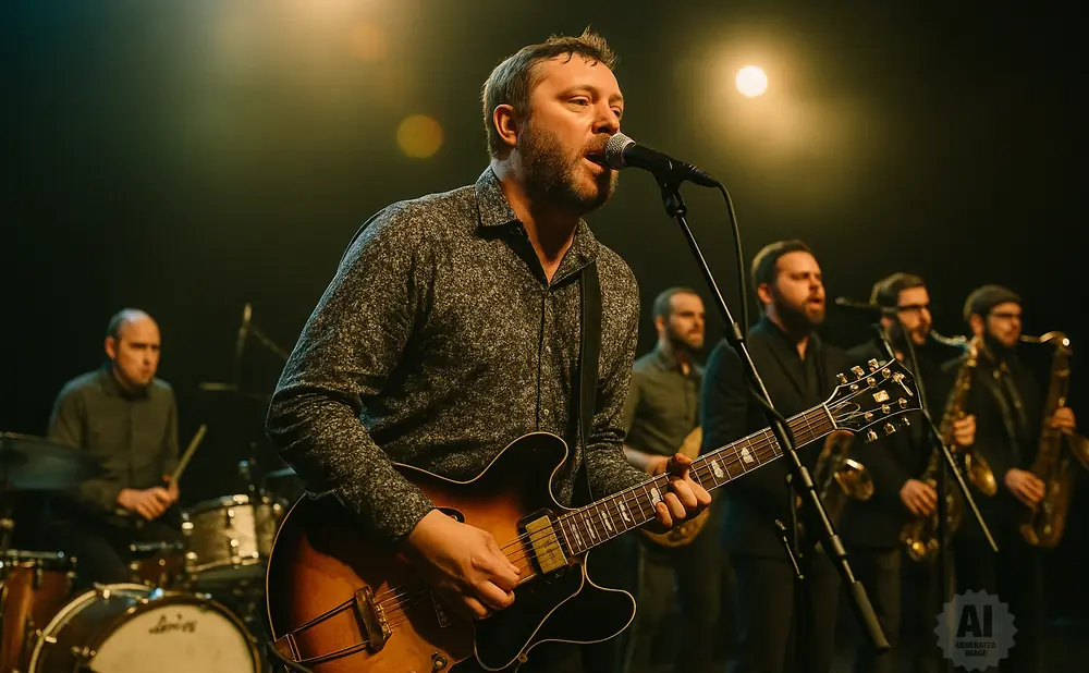 A band performs on stage with a lead singer playing guitar and singing into a microphone, backed by a drummer and saxophonists.