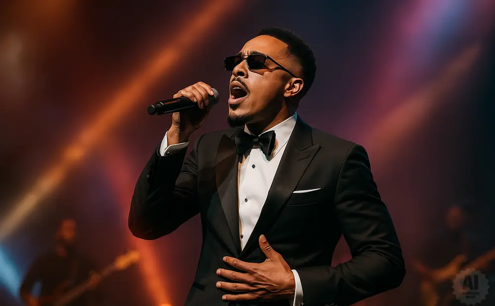 Singer in a black tuxedo and sunglasses performs with a microphone on stage.