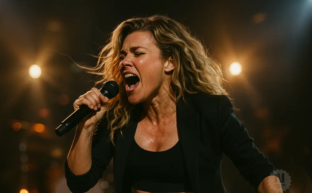 Singer with blonde hair and black jacket belts into a microphone on a dimly lit stage.