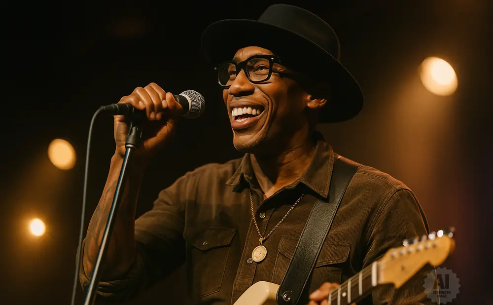 Musician in a hat and glasses singing into a microphone while playing a guitar.