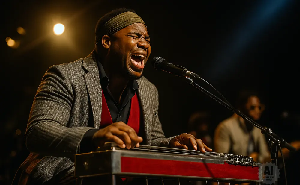 A Black man in a suit and headband plays a lap steel guitar and sings into a microphone on a stage.