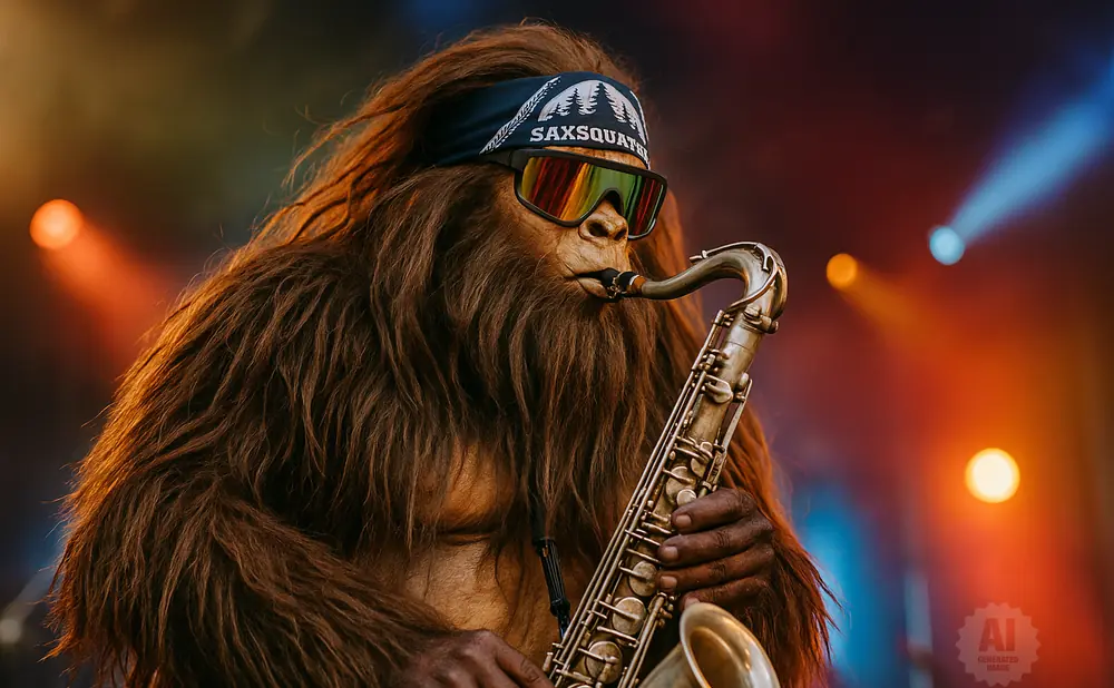 Bigfoot in sunglasses and a bandana plays a saxophone on a colorful stage.