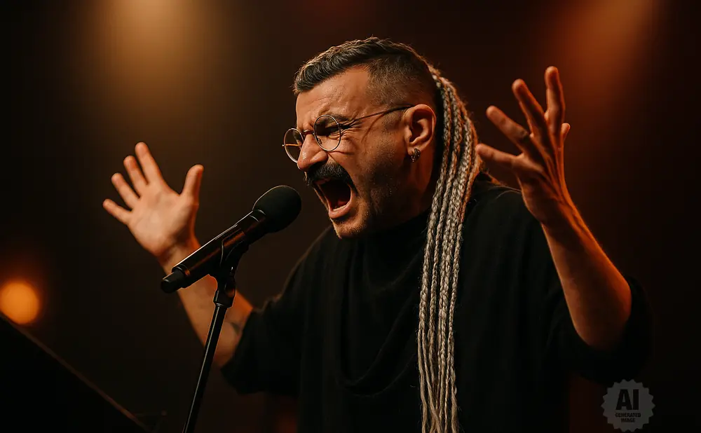 A man with braids and glasses passionately sings into a microphone, with his hands raised.