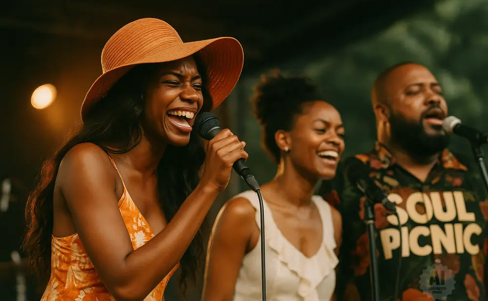 A woman in an orange hat sings into a microphone, flanked by two people smiling on stage.