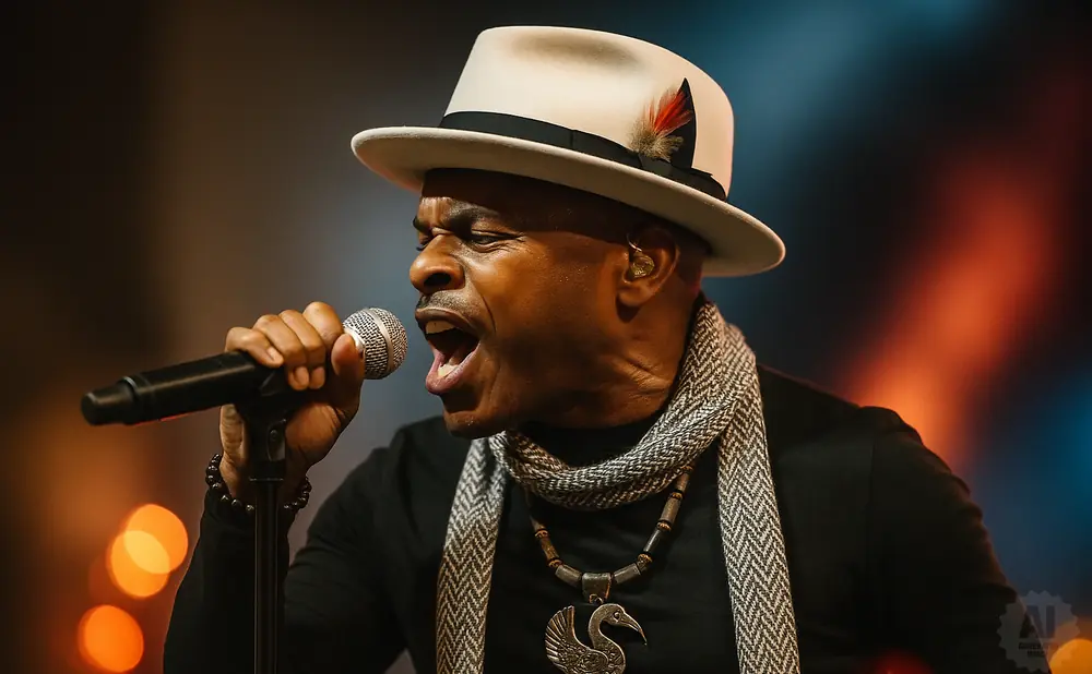 Man in a white fedora singing into a microphone with a patterned scarf and bird pendant.