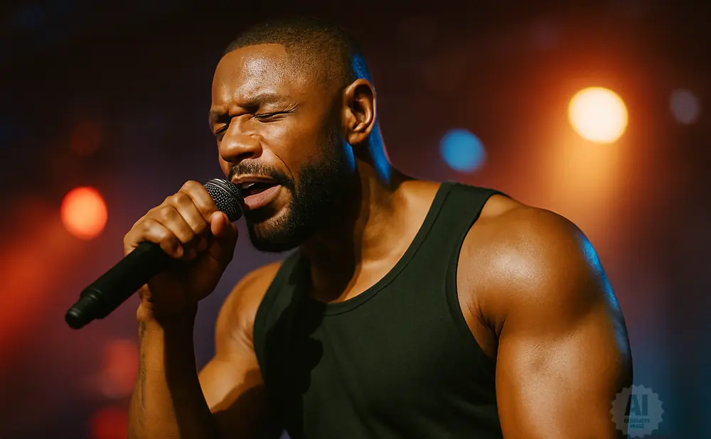A Black man in a black tank top sings into a microphone with his eyes closed.