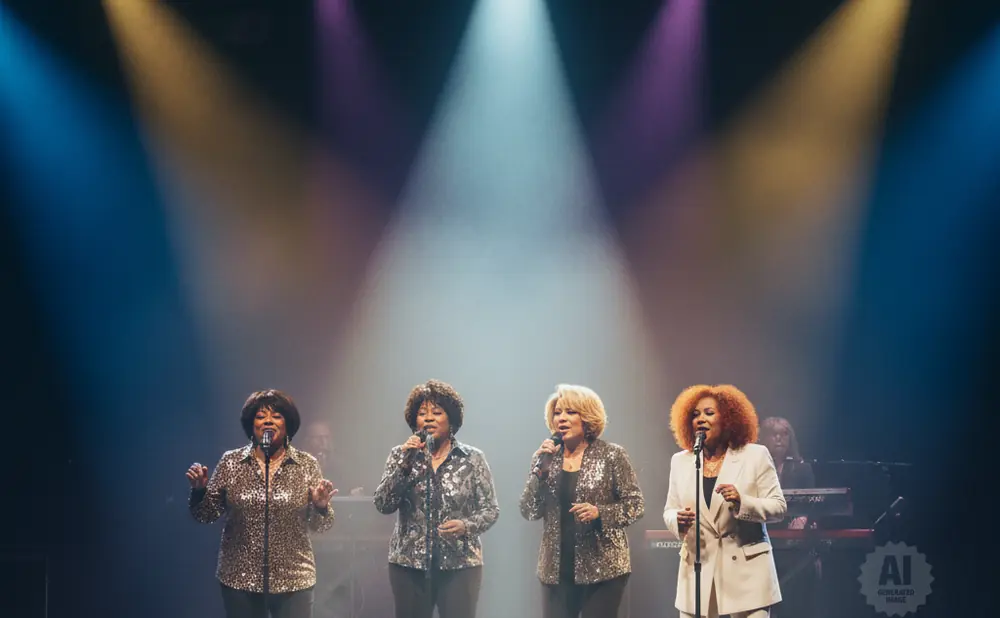 A female vocal group performs on stage under spotlights, with an audience in the foreground.