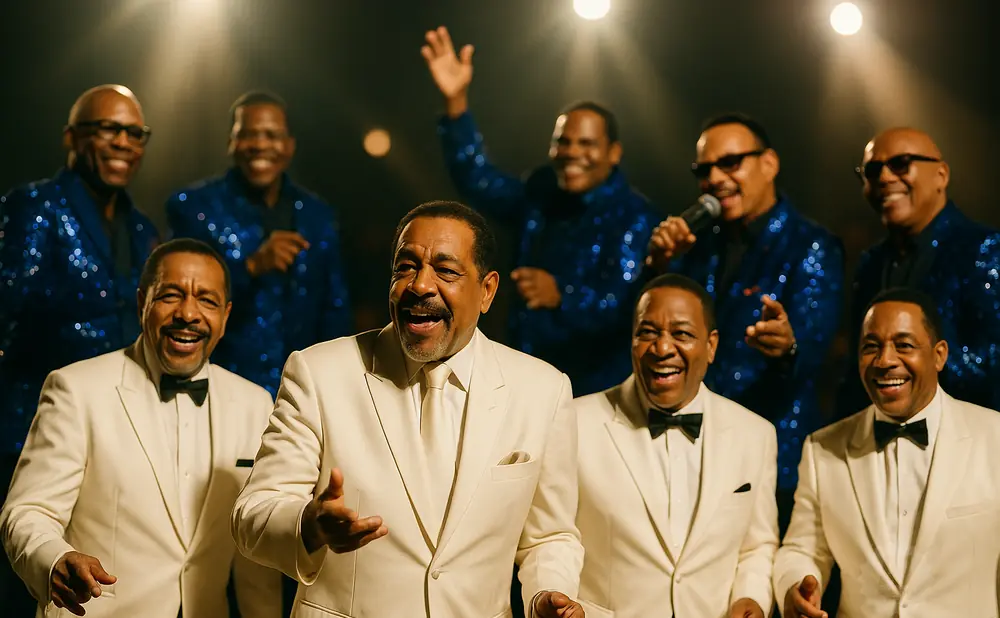 A group of Black men in matching cream suits and sequined blue jackets smile and sing on stage.