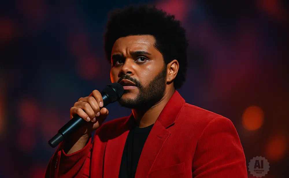 The Weeknd in a red jacket sings into a microphone on a dark, bokeh-lit stage.