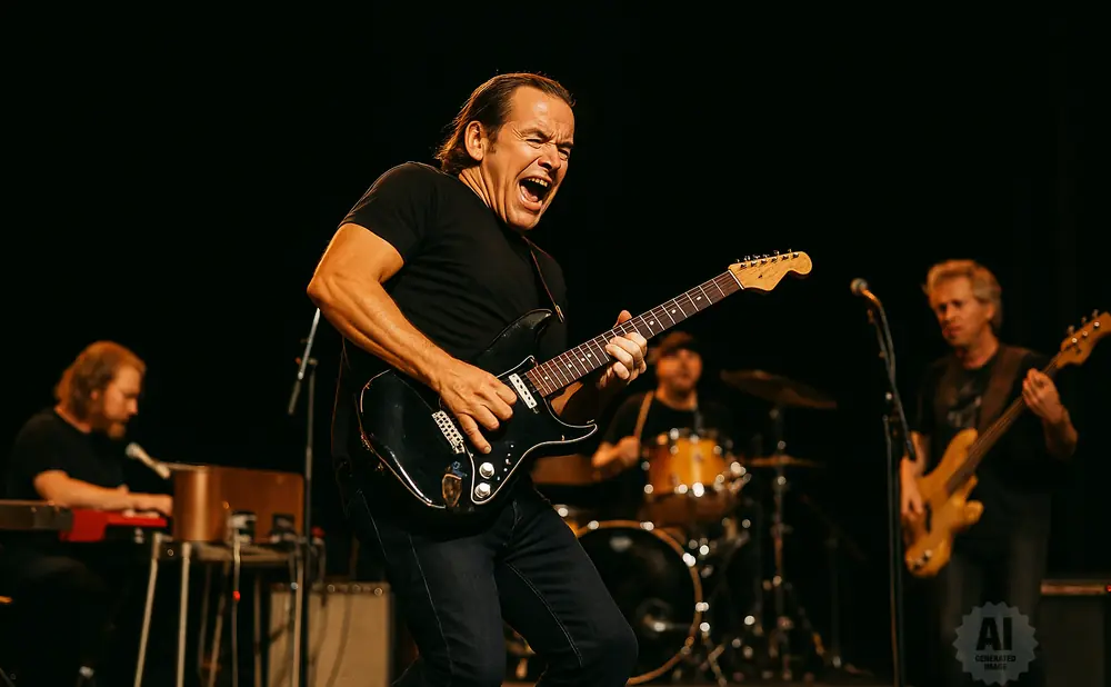 A rock band performs on stage, with a guitarist singing passionately.