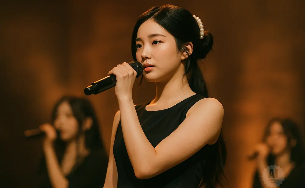 Young woman in black dress with pearl hair accessory sings into a microphone on stage.