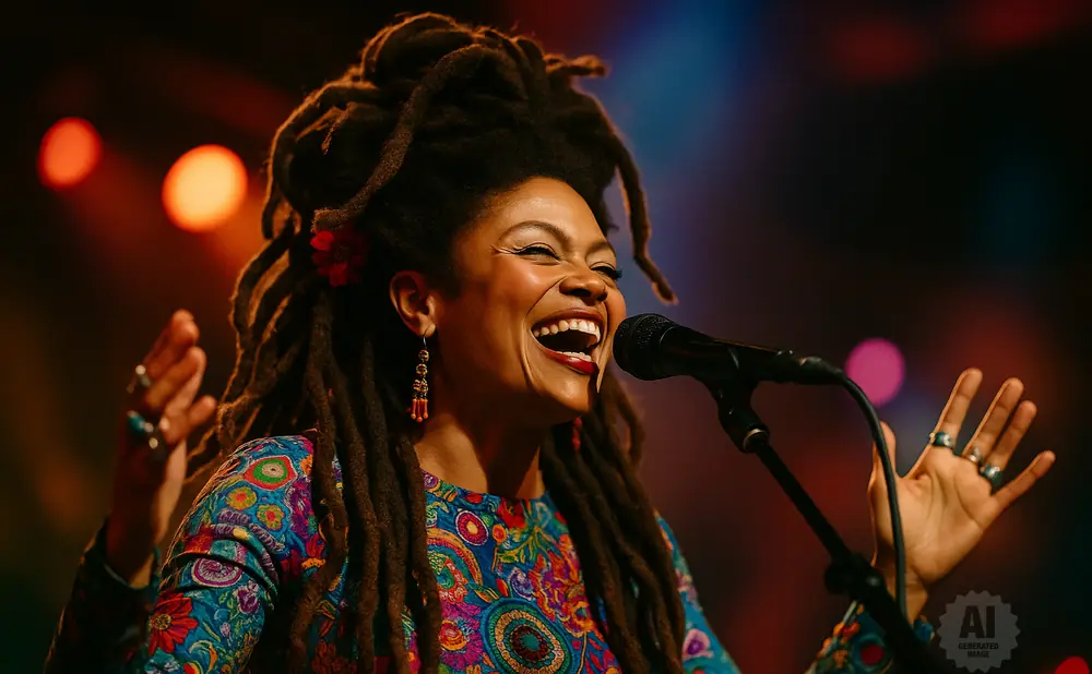 A woman with dreadlocks sings into a microphone, wearing a colorful patterned dress and jewelry.