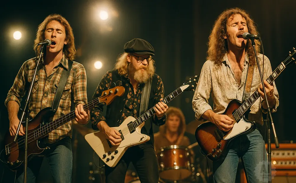 Three men playing guitars and singing on stage with stage lights.