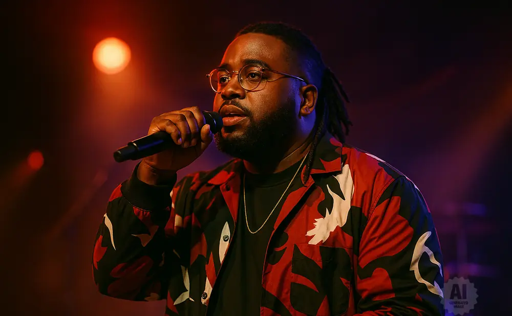 A Black man with dreadlocks and glasses sings into a microphone while wearing a red, black, and white patterned shirt.