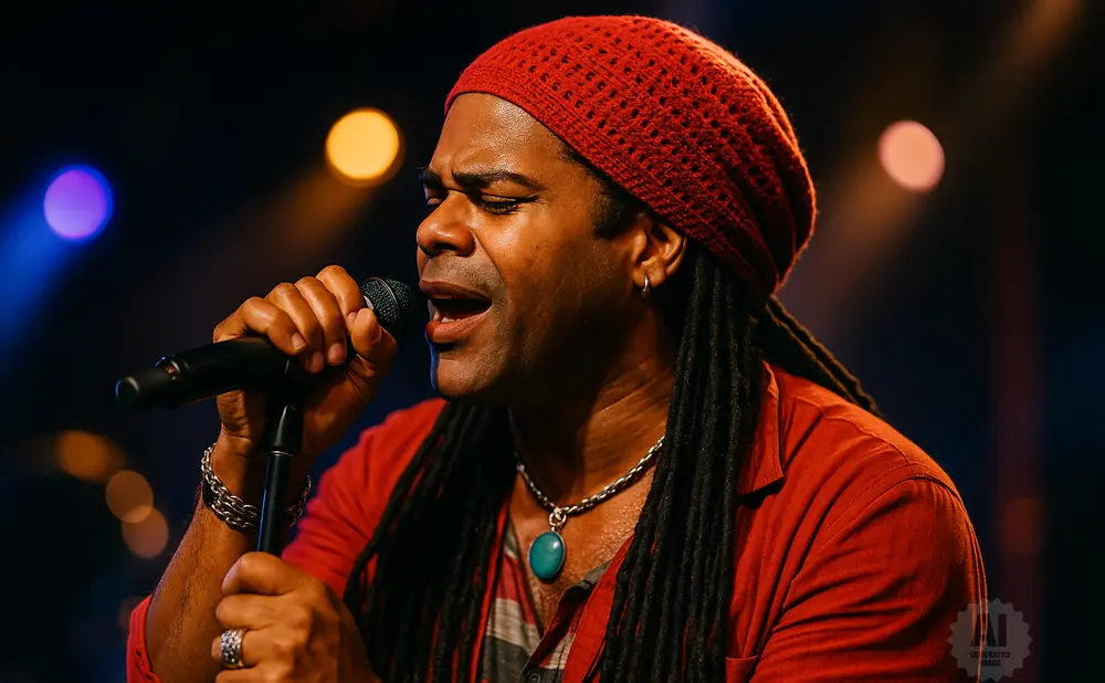 A Black man with dreadlocks and a red beanie sings into a microphone on stage.