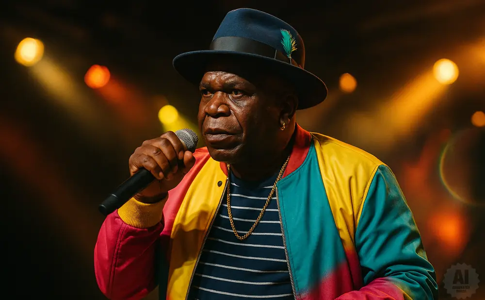 A Black man in a colorful jacket and fedora sings into a microphone.