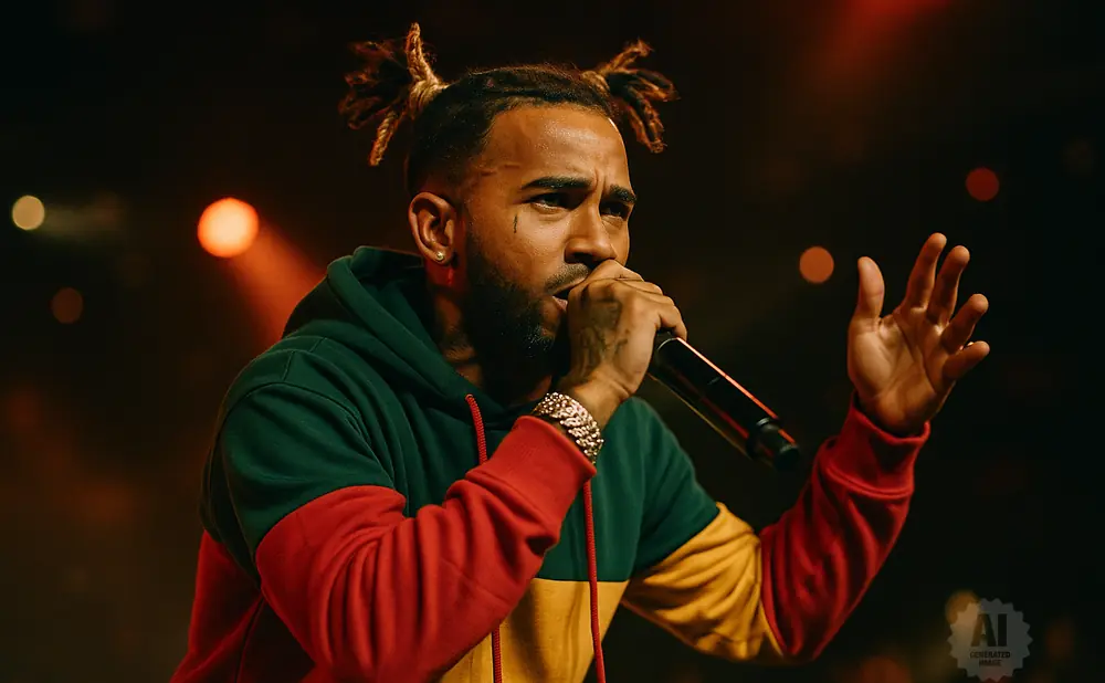 A rapper performs into a microphone, wearing a colorful hoodie and jewelry.