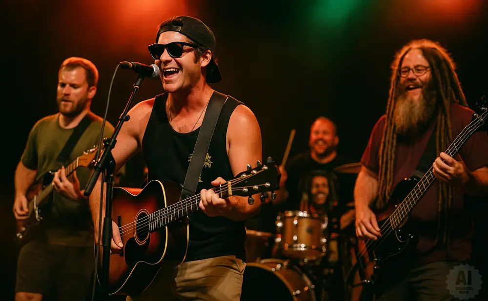 A band performs on stage with the lead singer playing guitar and singing into a microphone, flanked by other musicians.