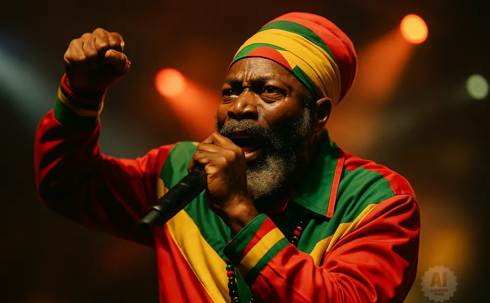 A Black man in a Rasta hat and colorful shirt performs into a microphone, fist raised.
