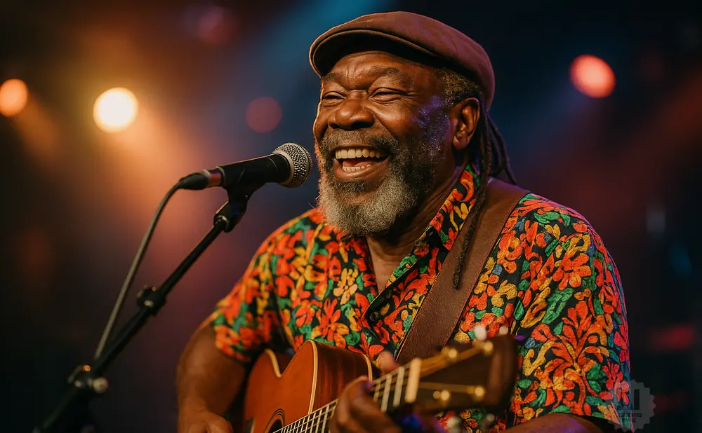 A Black man with dreadlocks and a grey beard, wearing a colorful shirt and cap, laughs while playing an acoustic guitar and singing into a microphone.