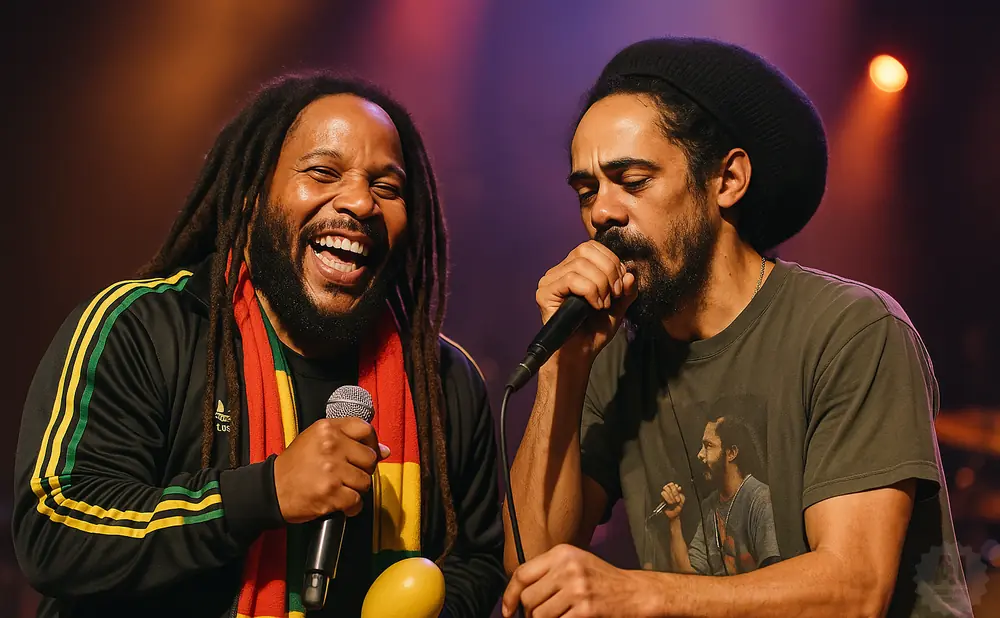 Two men with dreadlocks singing into microphones on stage, one laughing.