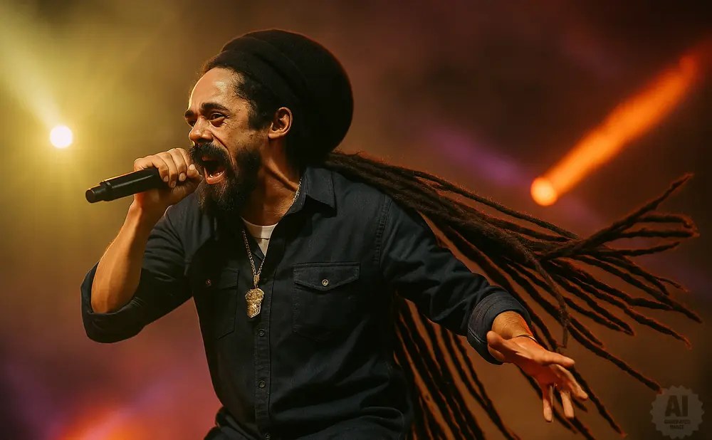 Damian Marley, aka Jr. Gong, performs live on stage with a microphone, wearing a dark blue shirt and a gold chain.