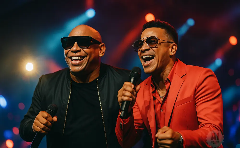 Two men with microphones, one in a black jacket and sunglasses, the other in a red suit, sing on stage with colorful lights.
