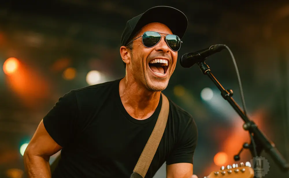 A male singer with a black cap and sunglasses belts into a microphone while playing a guitar on stage.