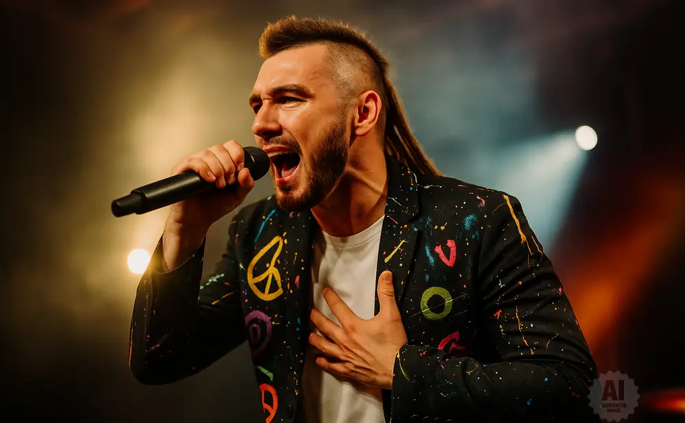 Man with mohawk and dreadlocks singing into a microphone on stage, wearing a black jacket with colorful paint splatters and peace signs.