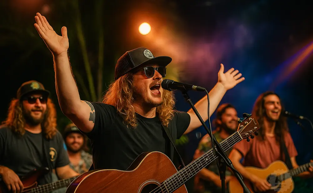 A man with long blonde hair and sunglasses sings into a microphone while playing an acoustic guitar on stage.