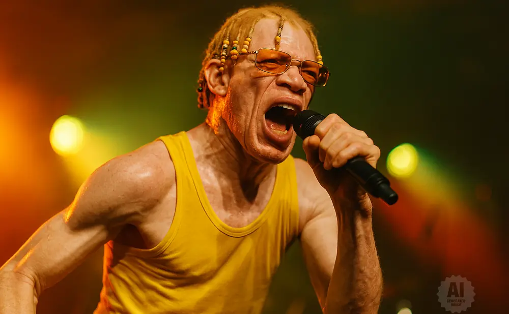 A Black man with albinism, wearing a yellow tank top and sunglasses, sings into a microphone on stage with stage lighting.