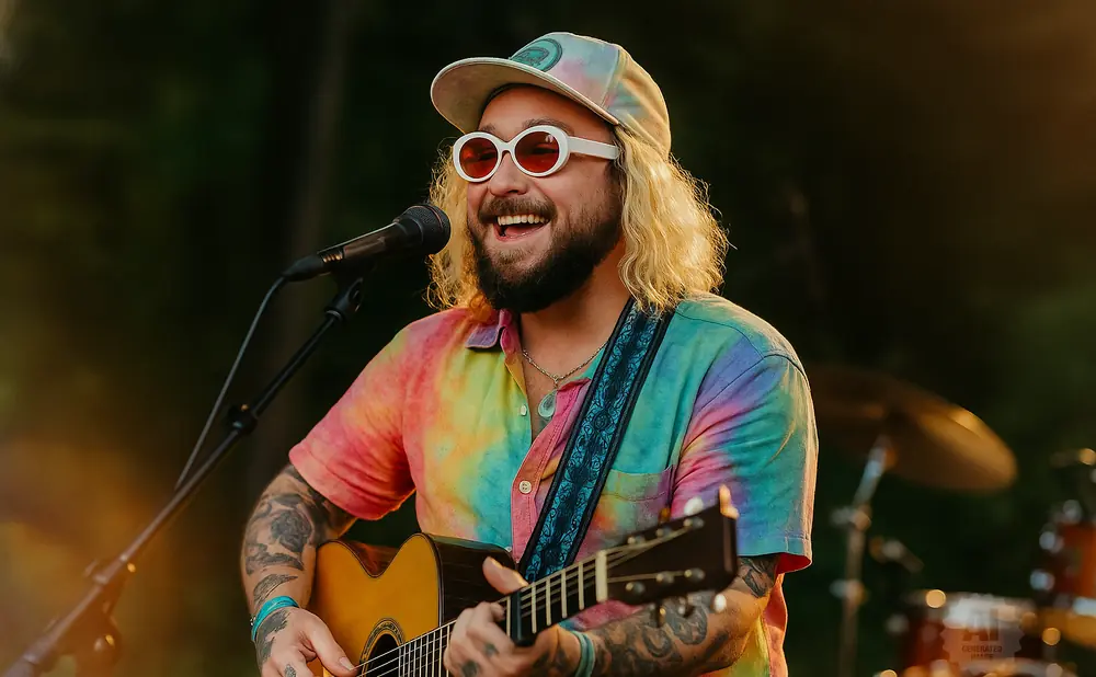 A man with blonde hair, a tie-dye shirt, and round white sunglasses plays an acoustic guitar and sings into a microphone.