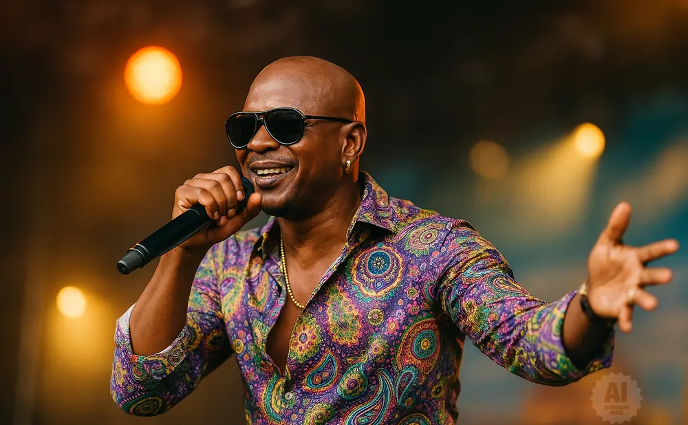 Man in a colorful shirt and sunglasses singing into a microphone on stage.