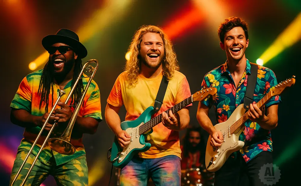 Band of three musicians with guitars and a trombone, all wearing colorful tie-dye clothing and smiling.
