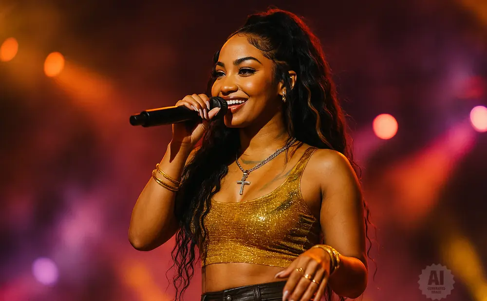 A woman with long, dark, wavy hair, wearing a gold sequined top and black pants, sings into a microphone on stage.