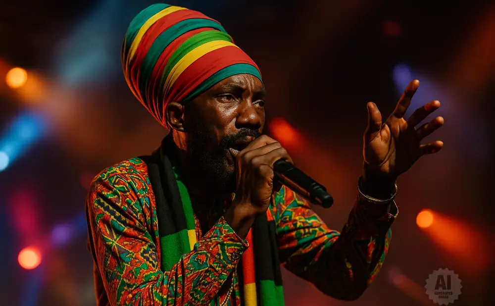 A Black man in a colorful turban and shirt sings into a microphone on stage, with blurred colorful lights in the background.
