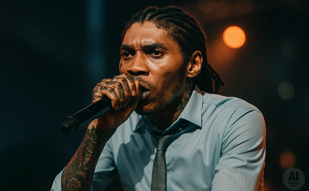 A man with dreadlocks sings into a microphone, wearing a blue shirt and tie, with tattoos on his arms.