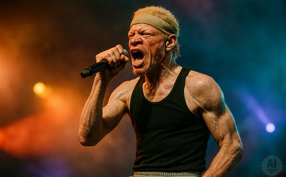 Singer with albinism, wearing a black tank top and headband, performs with a microphone on a smoky stage.