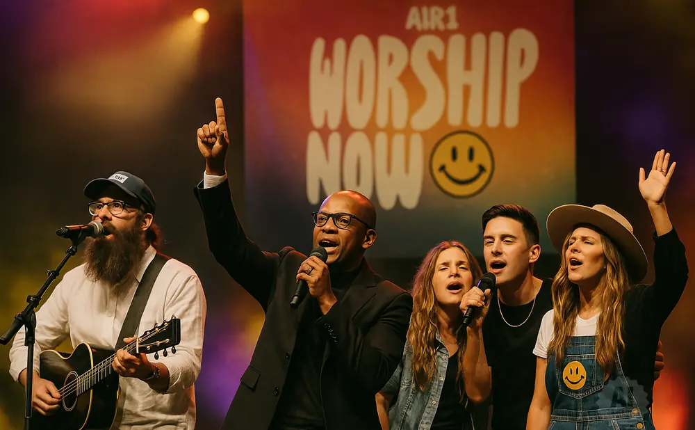 a rear view photo of air1 worship now performing a concert on stage to a lively audience