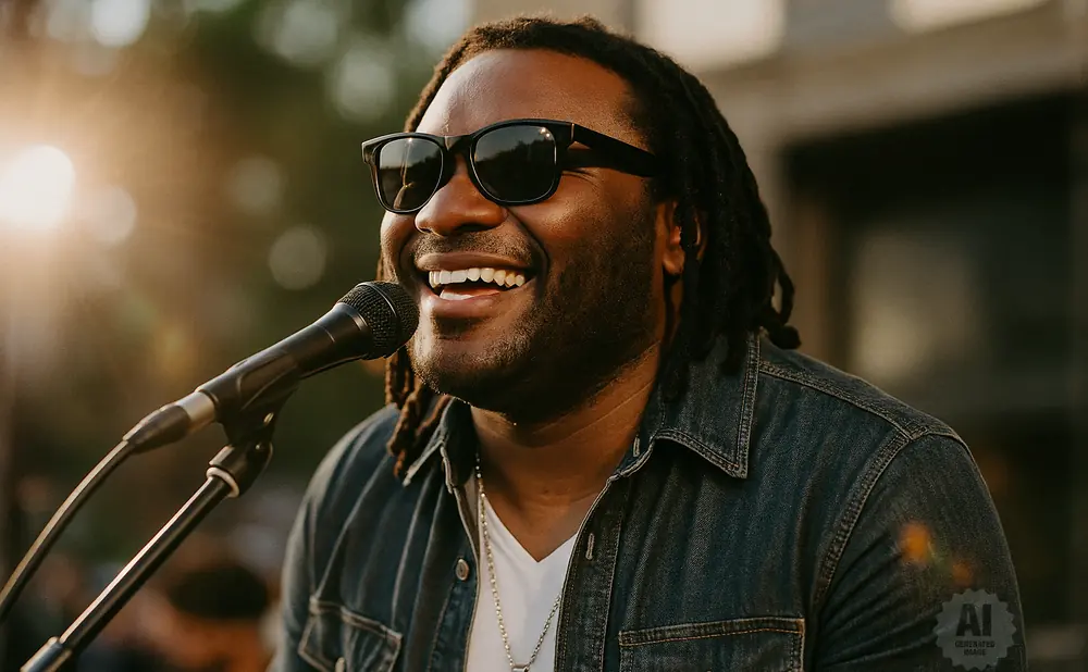 A man with dreadlocks and sunglasses smiles into a microphone, wearing a denim shirt.