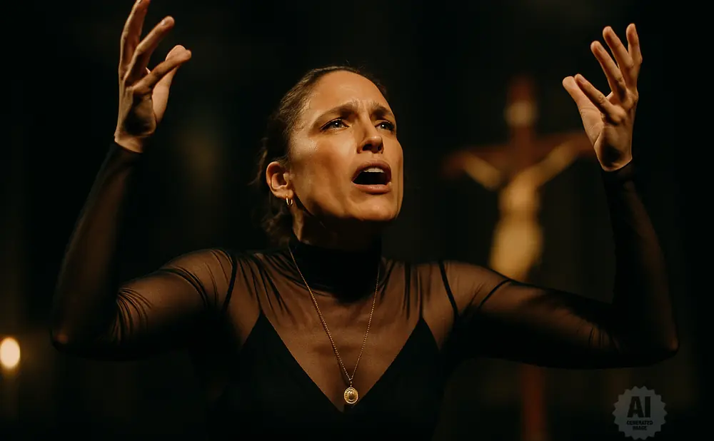 Woman in a sheer black top with arms raised, head tilted back, and mouth open.