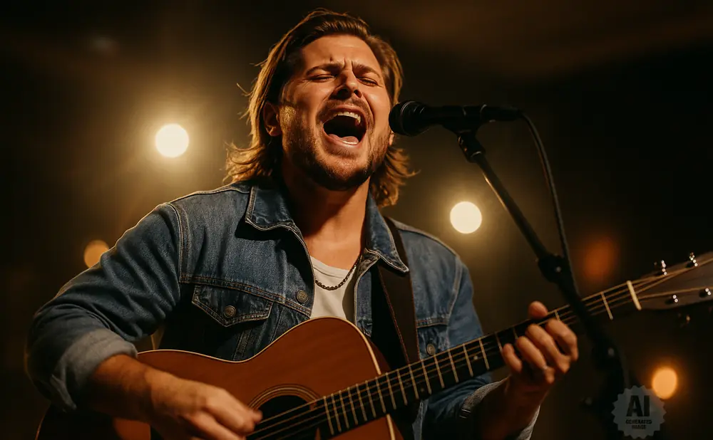 A man sings into a microphone while playing an acoustic guitar under warm stage lights.