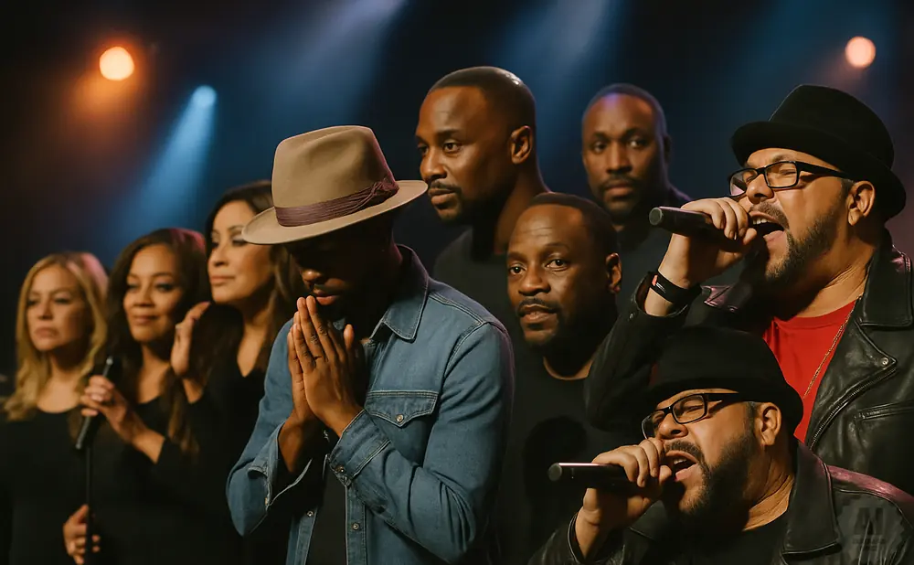 A diverse group of singers, some with microphones, perform on stage with warm lighting.