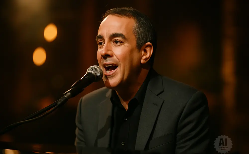 Man in a dark suit singing into a microphone