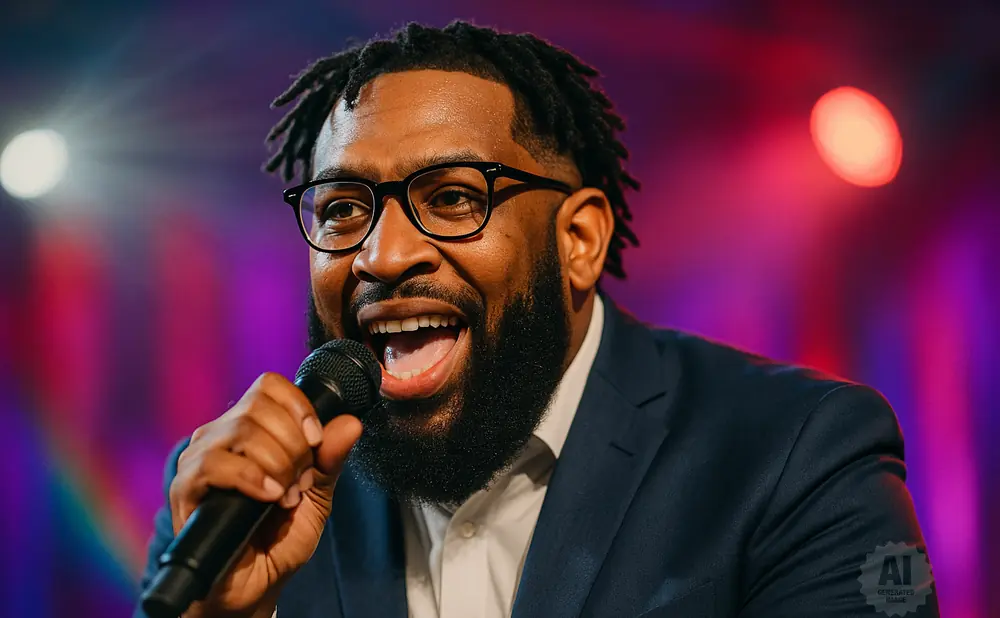 Man with dreadlocks, glasses, and a beard sings into a microphone on a stage with colorful lighting.