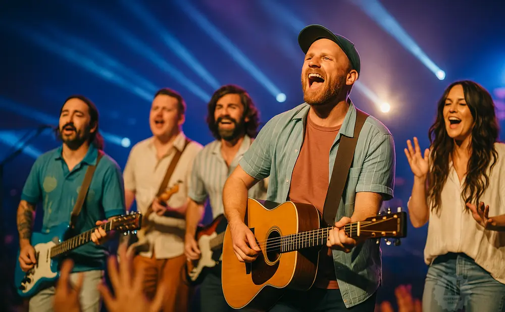 A band plays on stage with bright blue and white lights behind them.